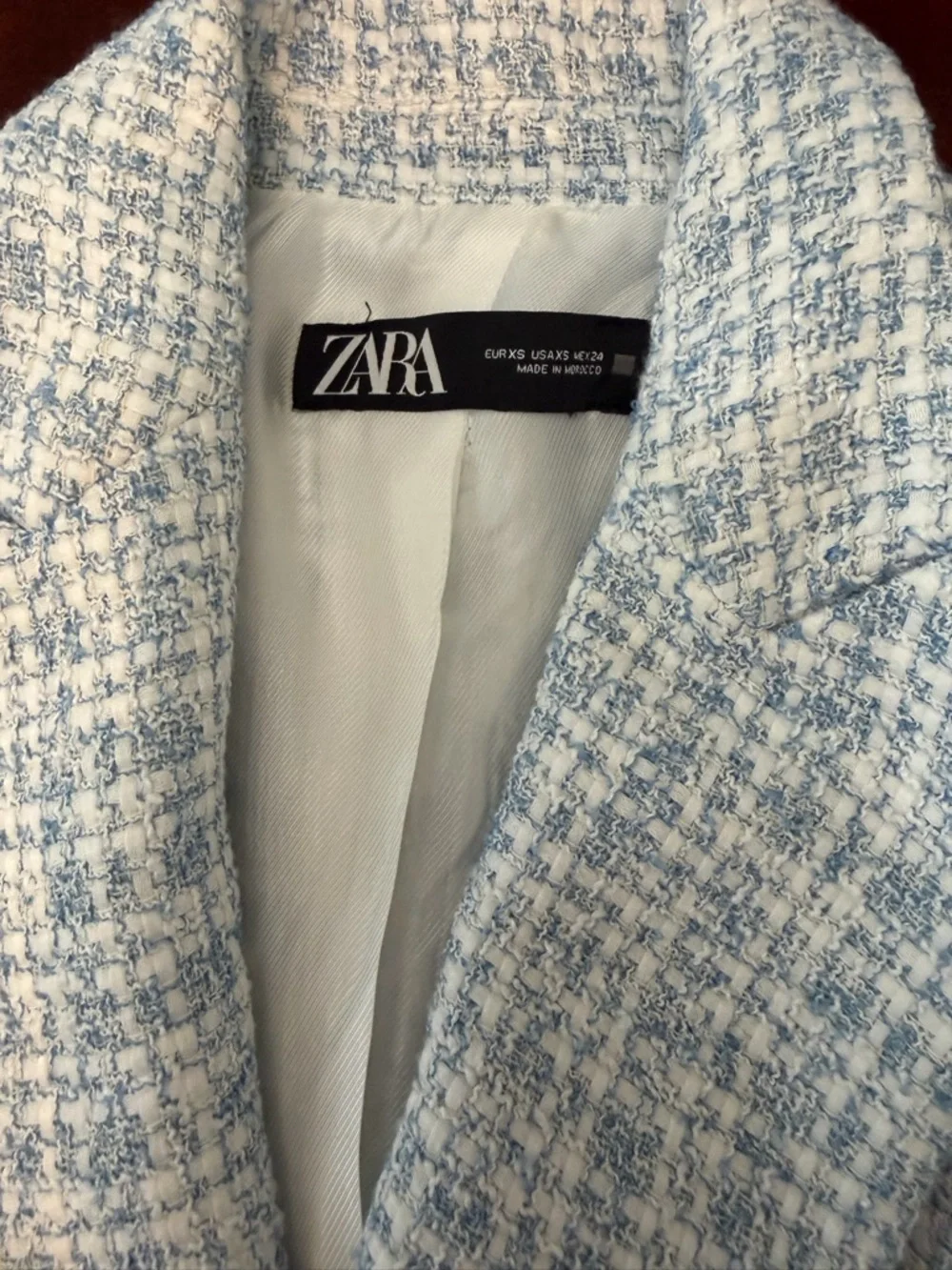 Zara Light Blue and Cream Tweed Double-Breasted Blazer